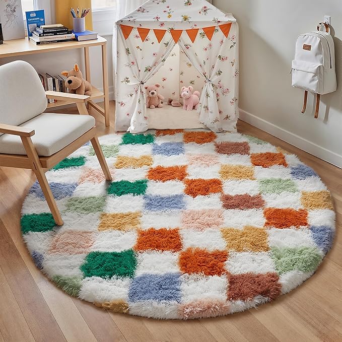 Checkered Rug 4x4 for Living Room, Modern Neutral Shag Rug Super Soft Washable Fluffy Rugs Indoor Fuzzy Carpet for Bedroom Home Dorm Aesthetic Decor
