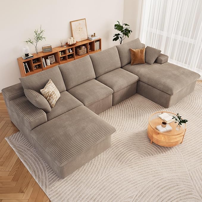 136" Cloud Modular Sectional Sofa with 1 Ottoman, Deep Seat Boneless Couch, Modern Upholstered Corduroy Couches, Comfort U Shaped Sofa for Living Room, No Assembly Required(Camel,Right Facing Chaise)