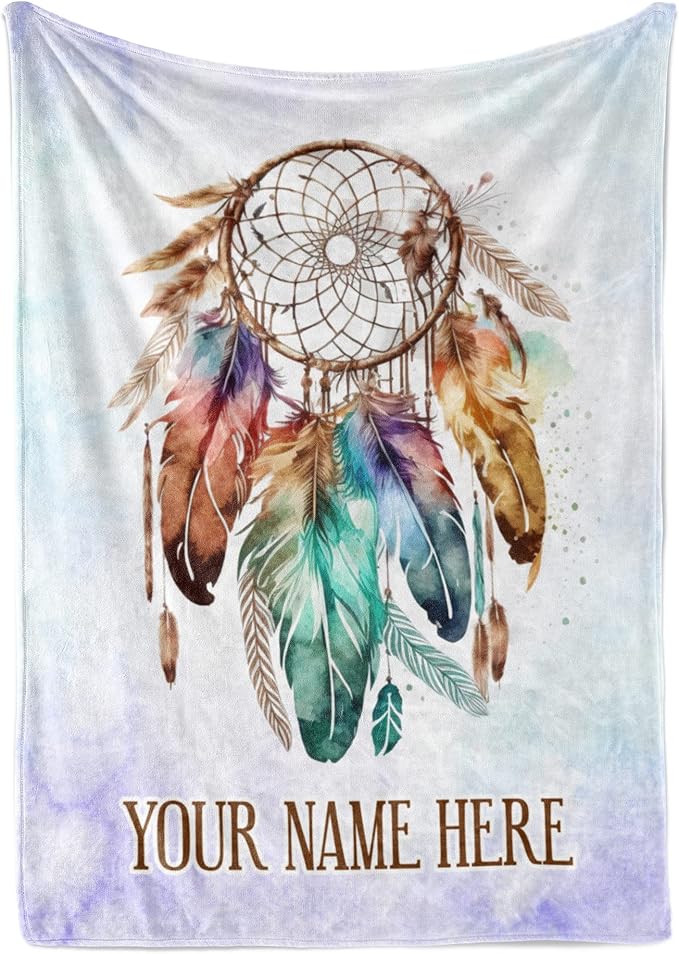 Personalized Dream Catcher Blanket with Colorful Boho Feather Graphic, Cute Custom Name Throw for Kids or Adults, Soft and Plush, Birthday Gift for Women or Men, Big Colorful (Sherpa 50x60)