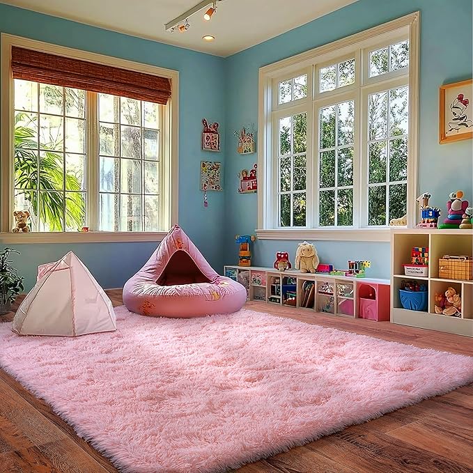 Pink Rug for Girls Bedroom, 4x6 Area Rug for Cute Girls Room, Bedside Indoor Floor Fluffy Shag Carpet, Plush Soft Rug for Living Room Nursery Dorm Home Decor