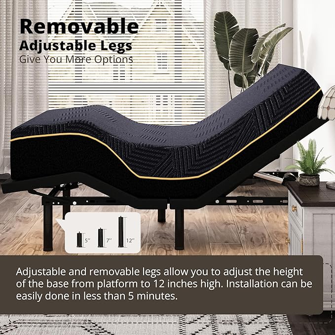 Twin XL Adjustable Bed Frame and 14 inch Memory Foam Mattress, Independent Head and Foot Incline Electric Bed with Massage, Wireless Remote, Zero Gravity, LED Lights, 2 USB Ports, Adjustable 12" Legs