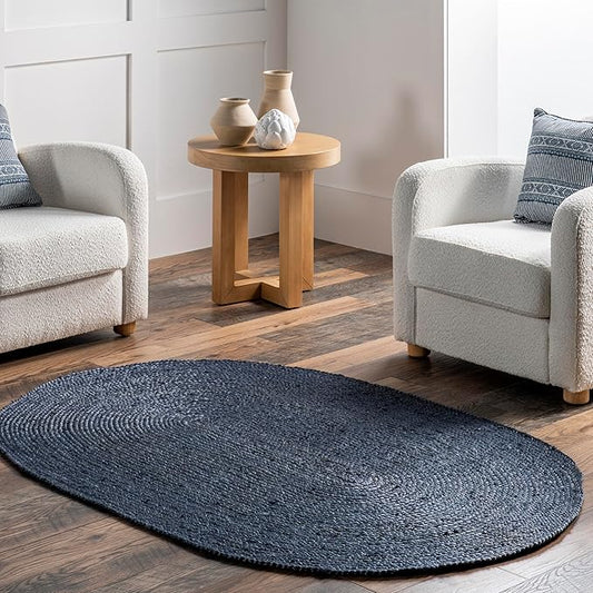 nuLOOM Oval 3x5 Rigo Jute Hand Woven Area Rug, Navy, Solid Farmhouse Design, Natural Fiber, For Bedroom, Living Room, Dining Room, Hallway, Office, Kitchen, Entryway