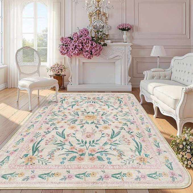 Boho Floral Area Rug 8x10, Machine Washable Low Pile Soft Carpet for Living Room, Bedroom, or Dining Room, Large Pink French Style Non-Slip Rug for Girls Nursery or Playroom Décor