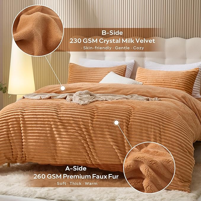 JELLYMONI Plush Duvet Cover Set - Queen Size Orange Striped Fluffy Comforter Cover 3pcs Bedding Set Luxury Ultra Soft Faux Fur Duvet Cover with Zipper and 2 Pillowcases (NO Comforter)