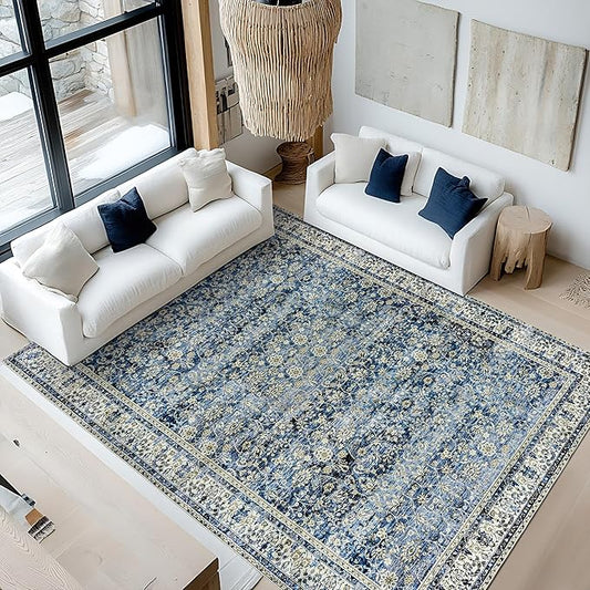 Blue Distressed Carpet Multi Rug Kitchen Living Room Bedroom Dining Room,6x9 Cover Print,Vintage Design Flower Area Rug