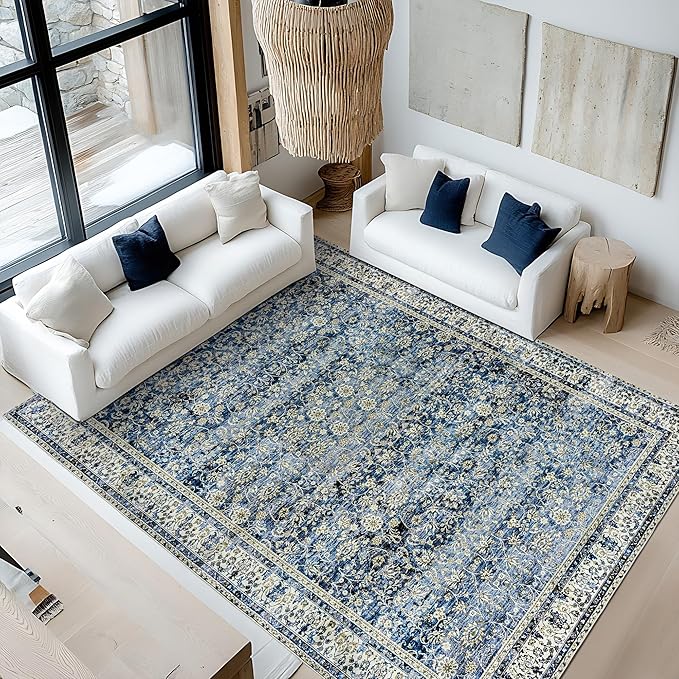 Blue Area Rug for Living Room 8x10 Washable Vintage Farmhouse Big Large Boho Distressed Carpet Rugs for Bedroom,Light Blue and Cream Polyester Rayon Cotton Blend