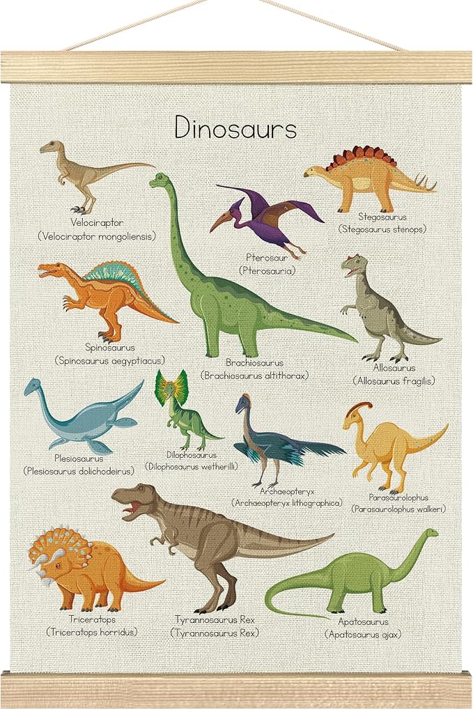 BCUANGD Dinosaur Dino Wall Decor - Toddler Boys Room Wall Art Poster Hanger with Wood Frames, Inspirational Wall Hanging Canvas Decor for Kids Baby Room Nursery Bedroom, 12x16 Inches