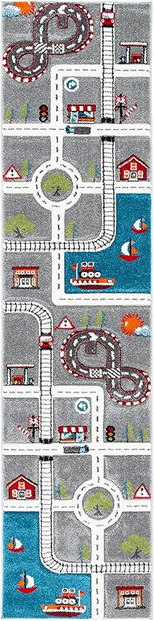 SAFAVIEH Carousel Kids Collection Runner Rug - 2' x 8', Grey & Ivory, Non-Shedding & Easy Care, Ideal for High Traffic Areas for Boys & Girls in Playroom, Nursery, Bedroom (CRK192F)