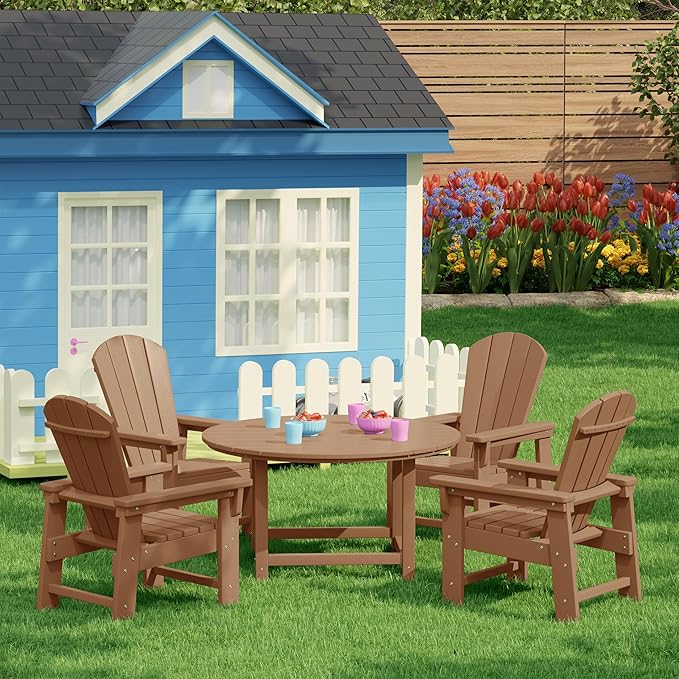 Costaelm Paradise Kids 5-Piece HDPE Outdoor Patio Round Dining Table and Chairs Set, Teak