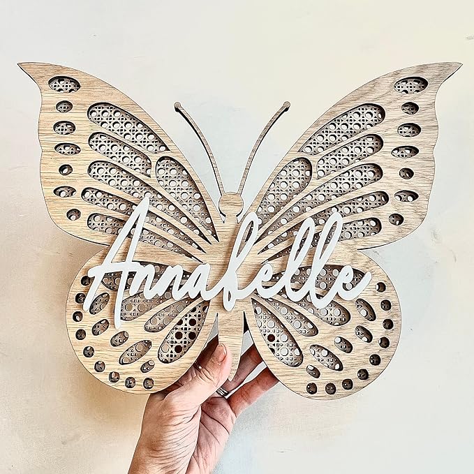 Chillever - Personalized Butterfly 3D Name Sign, Custom Wood Personalized Butterfly Wall Decor with Baby Name Sign, Exquisite Nursery Decor and Wall Art for Girl or Boy Room, Custom Boho Wooden Signs