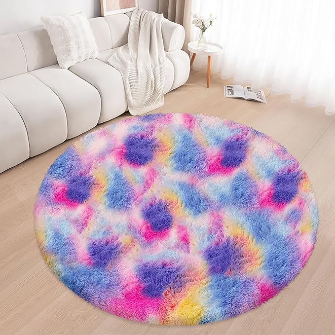 Fluffy 6 ft Large Round Rug for Girls Bedroom,Soft Shaggy Pink Rainbow Rugs Plush Fuzzy Circle Area Rug for Living Room Kids Playroom Room Baby Toddler Nursery Colorful Home Decor Aesthetic