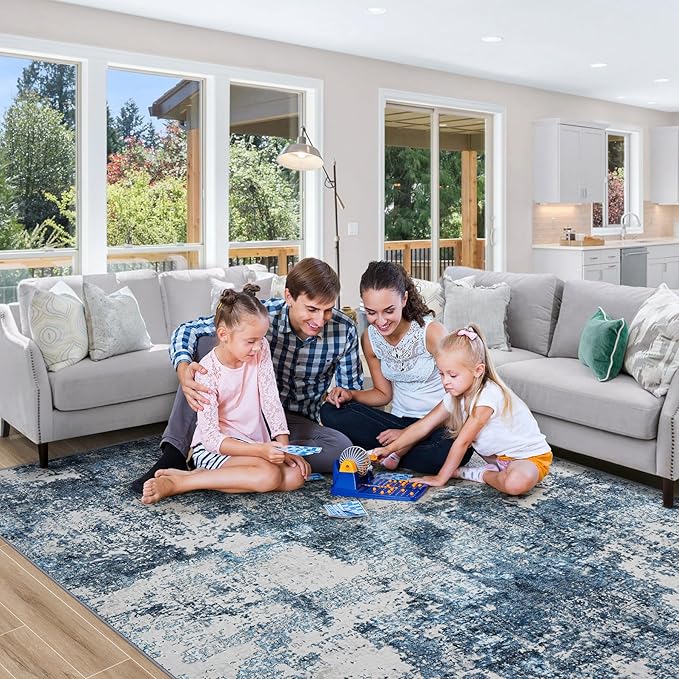 10x14 Area Rugs Living Room Rugs: Large Washable Rug with Anti-Slip Backing Non-Shedding Stain-Resistant Soft Abstract Carpet for Bedroom Dining Room Nursery Home Office- Blue