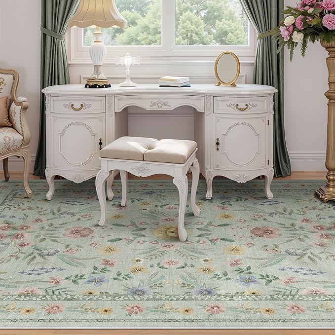 Green Floral Washable Area Rug 8x10 – Large Vintage Boho Non-Slip Carpet, Soft Low Pile Thin Floor Mat for Living Room, Bedroom, Dining Room, Nursery, Farmhouse Decor