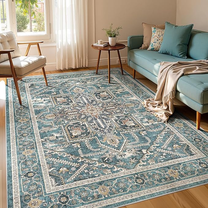 WITSHOCK 5x8 Teal Washable Area Rug for Living Room: Boho Soft Low Pile Carpet, Stain Resistant Foldable Floor Rug for Foyer Entryway Bedroom Dining Room Office Kitchen, Farmhouse Modern Home Decor