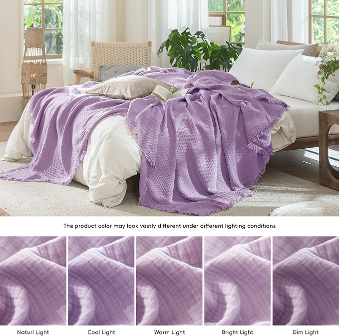 MooMee Muslin Blanket - 100% Cotton 4-Layer Gauze Throw Blanket with Tassels Ultra-Soft Breathable Lightweight Cooling for Bed Couch (Light Purple, Queen 90" x 90")
