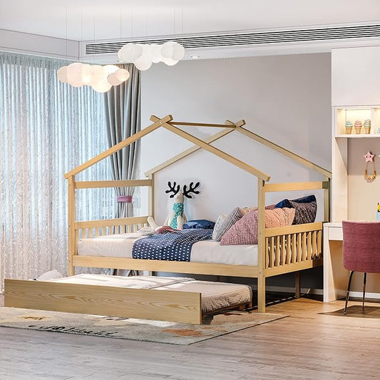 Merax Full Size Wooden House Bed with Trundle, Wood Bed Frame with Roof for Kids, Teens, Boys or Girls, Natural