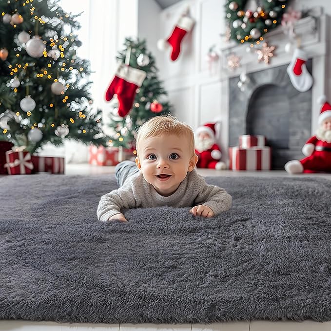 3x5 Grey Fluffy Shag Rug for Bedroom Soft Plush Fuzzy Washable Non Slip Carpet, Modern Floor Cozy Furry Shaggy Small Area Rug for Living Room, Kids Baby Boys Girls Nursery Dorm Room