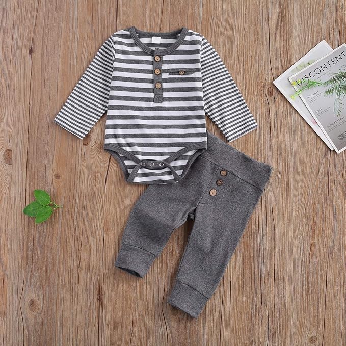 Newborn Baby Boy Girl Clothes Ribbed Knitted Cotton Long Sleeve Romper Long Pants Solid Color Fall Winter Outfits