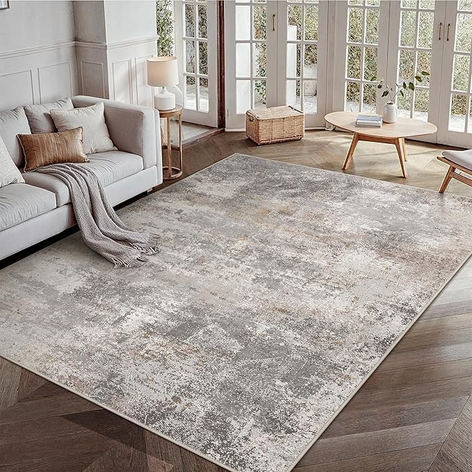 GENIMO Washable 5x7 Area Rugs for Living Room, Non Slip Modern Abstract Rug, Machine Washable Stain Resistant Low Pile Soft Carpet for Bedroom, Dining, Office, Light Grey Brown