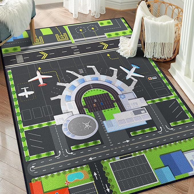 Play Rug for Playroom 2x3 Airport Carpet for Boys Bedroom with Combined City Road Traffic System Aircraft Runway Playmat Rugs Carpet Non-Slip Washable Area Mat