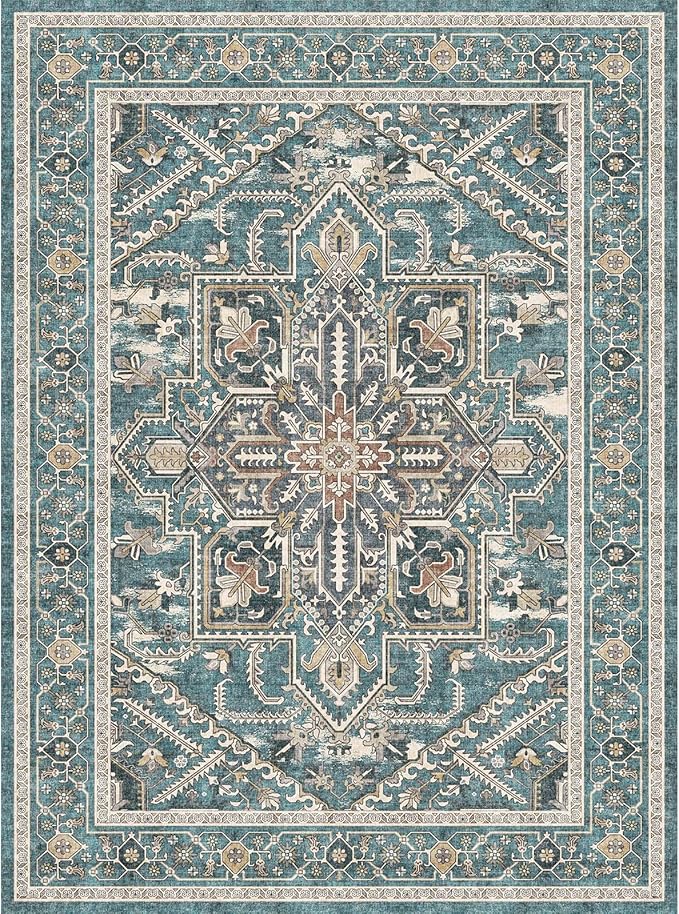 WITSHOCK Living Room Area Rugs 9x12: Washable Rug Boho Soft Non-Slip Low Pile Stain Resistant Foldable Carpet for Bedroom Playroom Dining Room Office Kitchen Farmhouse Home Decor Rug-Dull Teal