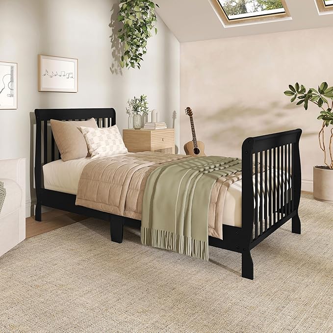 Dream On Me Aden 4-in-1 Convertible Mini Baby Crib in Black, GreenGuard Gold & JPMA, Sustainable Pinewood, Non-Toxic Finish, 3 Mattress Heights, Converts to Mini Day & Twin-Size Bed
