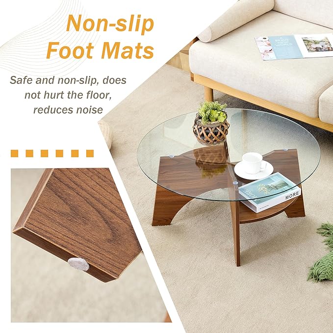 LKTART 31.5" Round Glass Coffee Table with Tempered Glass Top and MDF Base, Diagonal Fan-Shaped Tray Design Table Leg Simple & Modern Center Table for Living Room Office Apartment Walnut