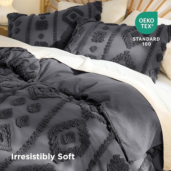 Bedsure Boho Duvet Cover Queen Size - Dark Grey Tufted Boho Bedding, Farmhouse Shabby Chic Embroidery Bedding for All Seasons, 3 Pieces, 1 Soft Jacquard Queen Comforter Cover and 2 Pillow Shams