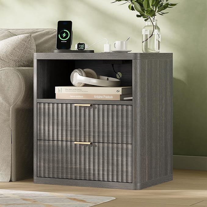 Fluted Nightstand Set of 2 with Charging Station, 21.7" Wide Modern Night Stand with 2 Drawers Open Storage Cabinet, Wooden Bedside End Table for Bedroom,Gray