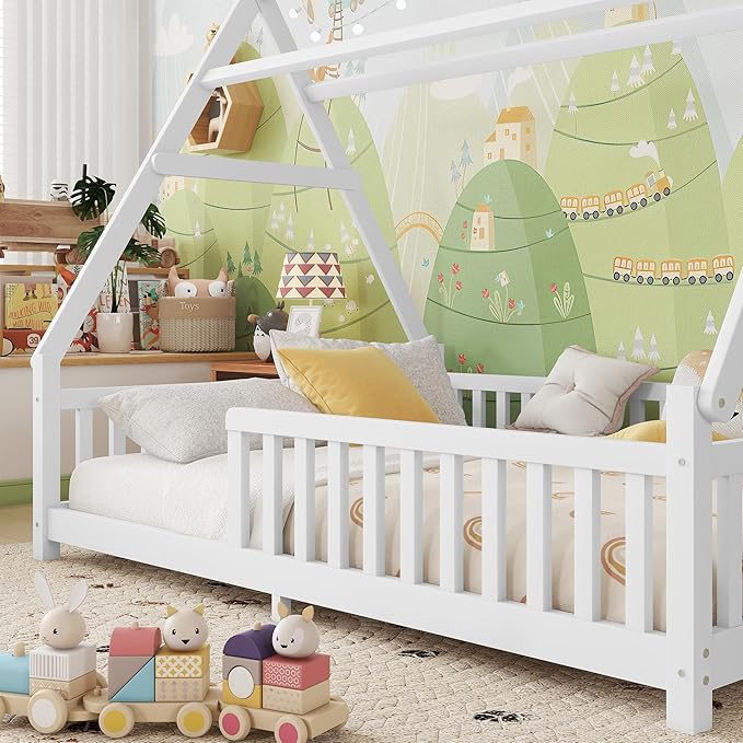 Full House Bed with Roof & LED Light, Low Profile House Bed with Fence, Safe Guardrails, DIY-Friendly for Boys & Girls, Solid Wood & MDF Construction, No Box Spring Required, White