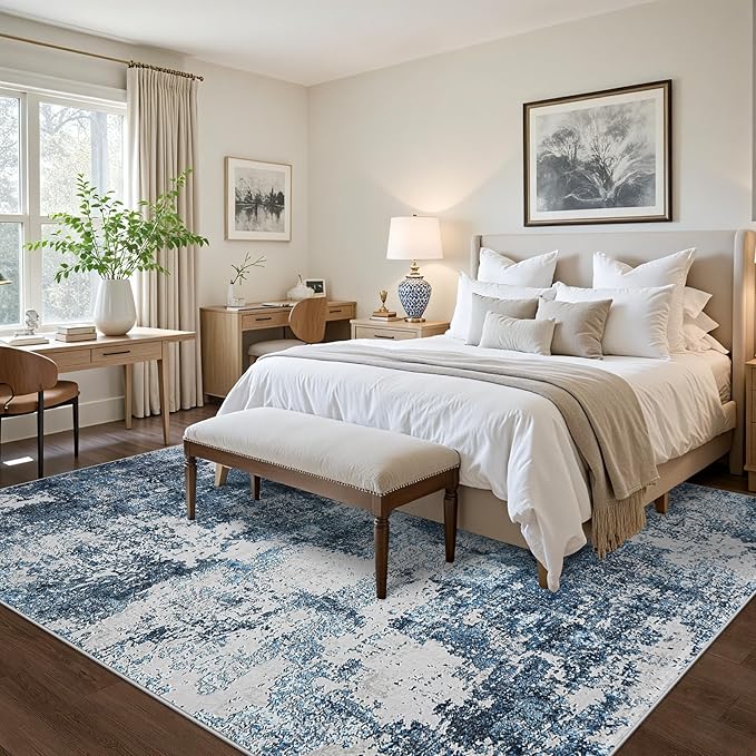10x14 Area Rugs Living Room Rugs: Large Washable Rug with Anti-Slip Backing Non-Shedding Stain-Resistant Soft Abstract Carpet for Bedroom Dining Room Nursery Home Office- Blue