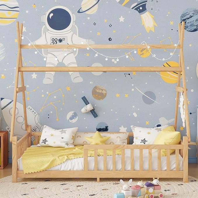 Twin House Bed with Roof & LED Light, Low Profile House Bed with Fence, Safe Guardrails, DIY-Friendly for Boys & Girls, Solid Wood & MDF Construction, No Box Spring Required, Natural