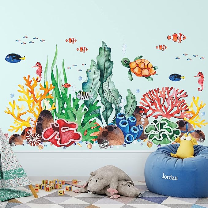 LiveGallery Coral Seaweed Wall Sticker Ocean Life Wall Decals Shell Conch Hippocampus Sea Turtle Tropical Fish Marine Plants Wall Decorations for Kids Bedroom Living Room Nursery Office