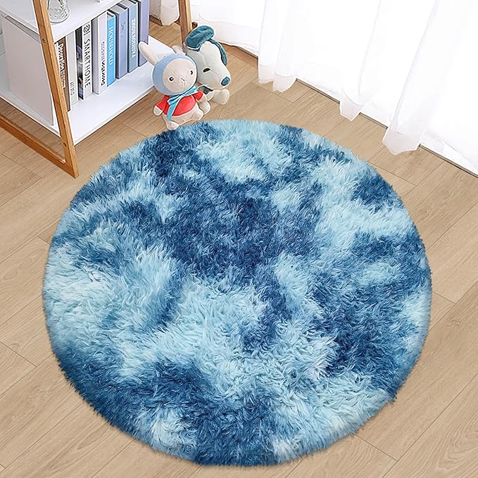 Round Rug 3 ft Blue Circle Area Rug,Tie Dyed Soft Shaggy Circle Rug Fluffy Plush Round Carpet for Kids Girls Boys Room Baby Nursery Living Room Playroom Home Decor