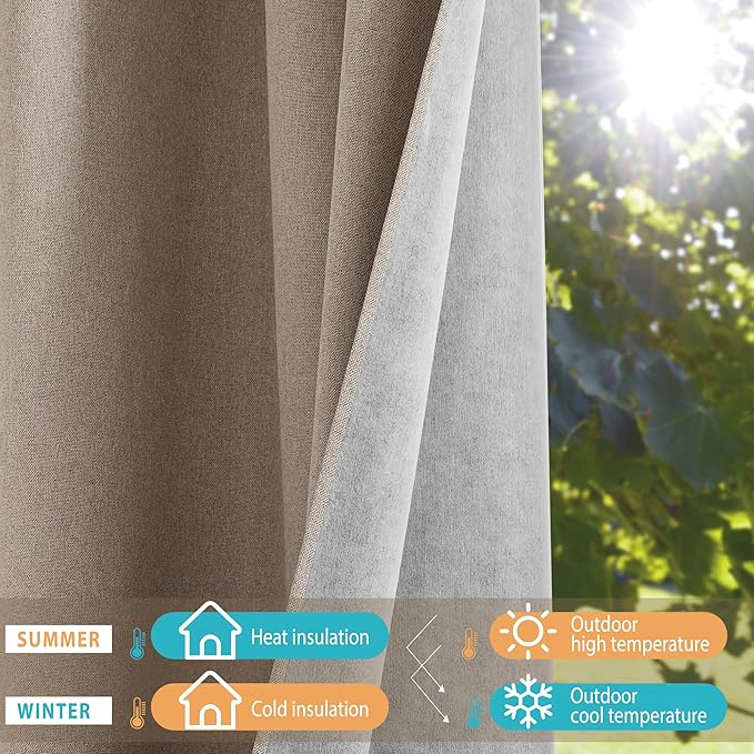 NICETOWN 100% Blackout Linen Faux Linen Curtains 95 inches Length for Dining Room, 2 Panels Set, 52" Wide, Farmhouse Style Room Cooling Window Draperies with Thermal Insulated Liners