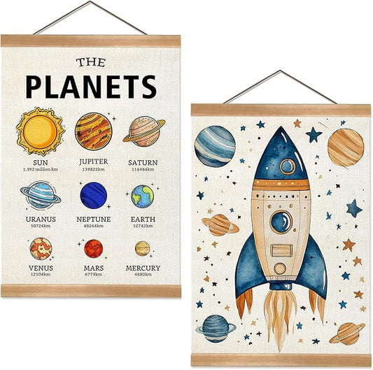 Solar System Poster Wall Art Set of 2, The Planets Wall Decor Wood Hanger, Space Classroom Decor, Outer Space Planets Poster for Boys and Girls Nursery, Bedroom, Playroom, Toddler and Kids Room(Solar system)