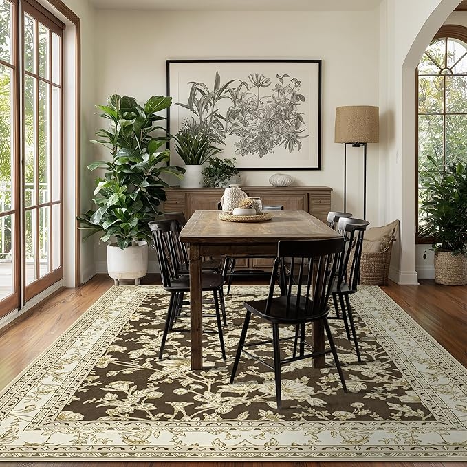 Brown Floral Print Area Rugs for Bedroom Living Room Boho Farmhouse Country Rustic Dining Room Carpet Soft Washable Rugs Non Slip Floor Covering for Nursery Playroom 5x8