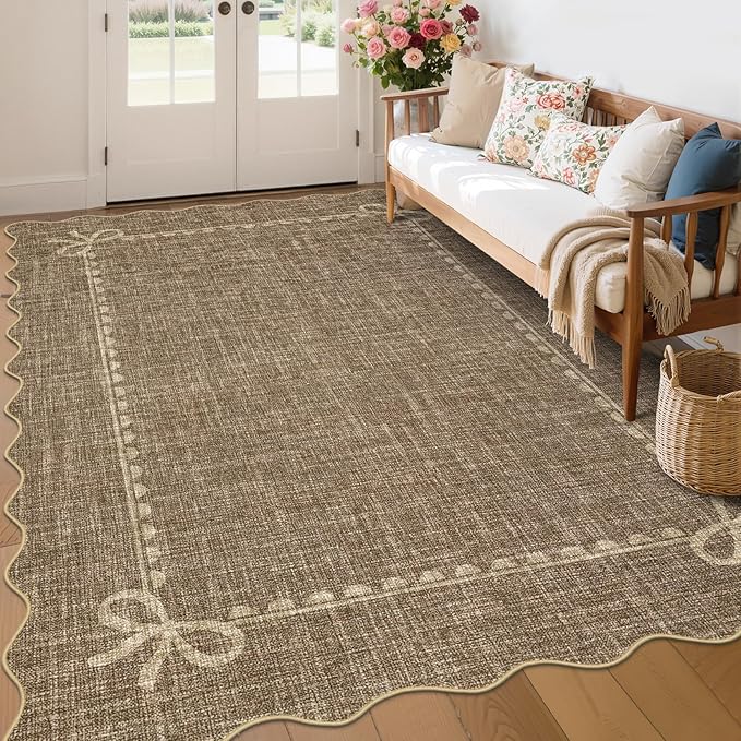 GarveeHome Scalloped Bow Rug for Living Room, Solid Brown Rug for Dorm, Washable Rugs 6x9 Soft Low Pile Non Slip Scalloped Rugs for Nursery College Bedroom Decor Kids Room Playroom
