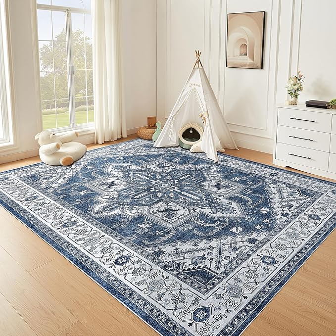 WITSHOCK Living Room Area Rugs 10x12: Washable Rug Boho Soft Non-Slip Low Pile Stain Resistant Foldable Carpet for Bedroom Playroom Dining Room Office Kitchen Farmhouse Home Decor Rug-Blue