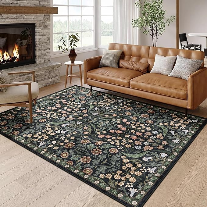 5x7 Washable Area Rug for Living Room, Floral Non-Slip Non-Shedding & Easy Care, Soft Low Pile Forest Boho Indoor Floor Carpet for Living Room, Bedroom, Farmhouse, Dining Room, Kids Playroom, Black