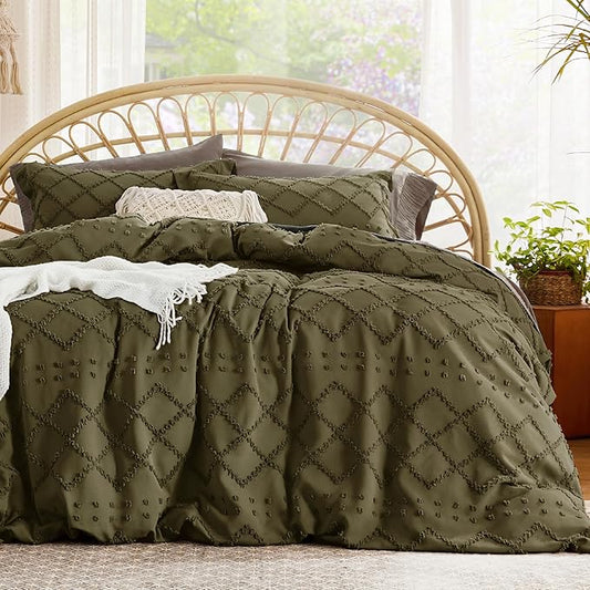 Bedsure Boho Duvet Cover King Size - Olive Green Breathable & Soft Boho Bedding, Machine Washable Comforter Cover for All Seasons, Includes 1 Duvet Cover 104"x90" with 2 Pillow Shams & Zipper Closure
