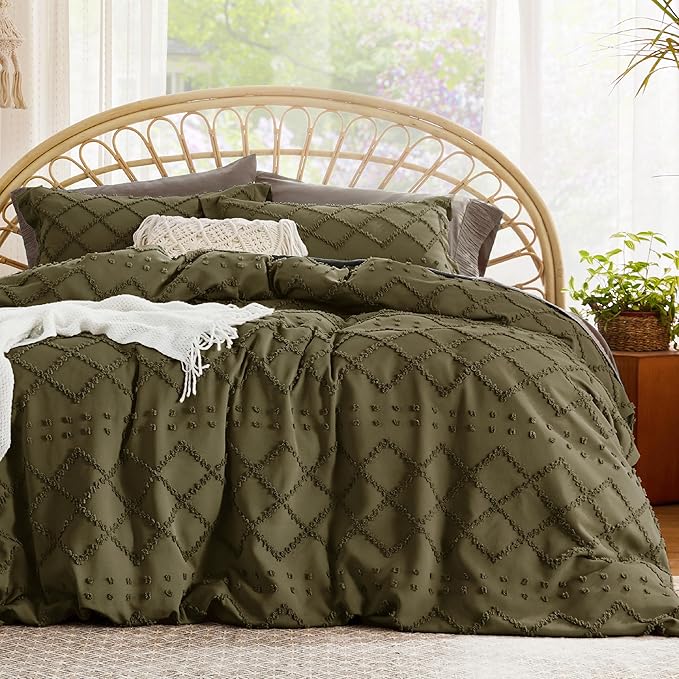 Bedsure Boho Duvet Cover Queen Size - Olive Green Breathable & Soft Boho Bedding, Machine Washable Comforter Cover for All Seasons, Includes 1 Duvet Cover 90"x90" with 2 Pillow Shams & Zipper Closure