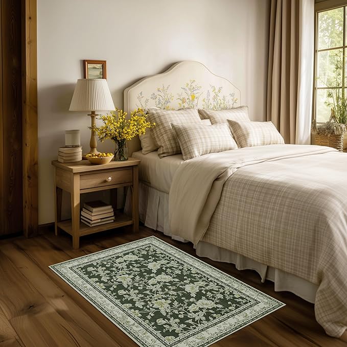 Olive Green Floral Print Area Rugs for Bedroom Living Room Boho Farmhouse Country Rustic Dining Room Carpet Soft Washable Rugs Non Slip Floor Covering for Nursery Playroom 2x3