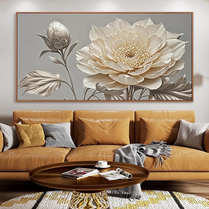 Large Wall Art Living Room Home Wall Decor Modern Canvas Art Wall Decor 29 X 58 Inches White Flower Wall Art Painting Print Elegant Silver White Flower Picture For Bedroom Office Artwork With Framed