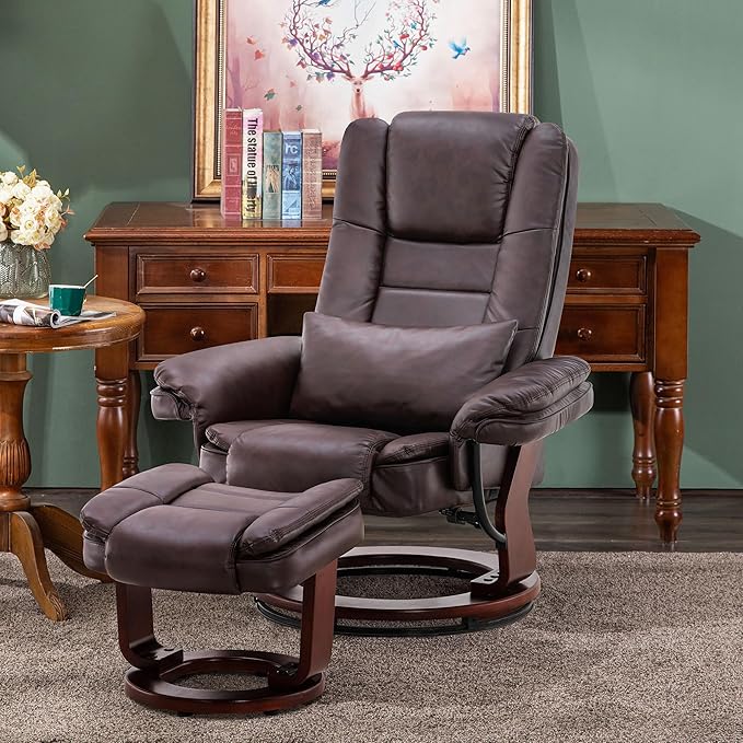 MCombo Swivel Recliner with Ottoman Chair, TV Chair Sets with Vibration Massage, for Small Space Living Room Bedroom 9096 9099 (Faux Leather, Dark Brown)