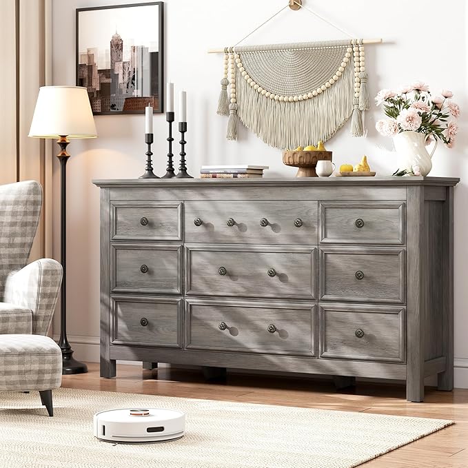 Grey 9 Drawer Dresser, 57" Large Dresser for Bedroom, TV Stand for 70 inch TV, Wood Chest of Drawers with Metal Handle, Rustic Storage Dressers Organizer for Bedroom, Hallway