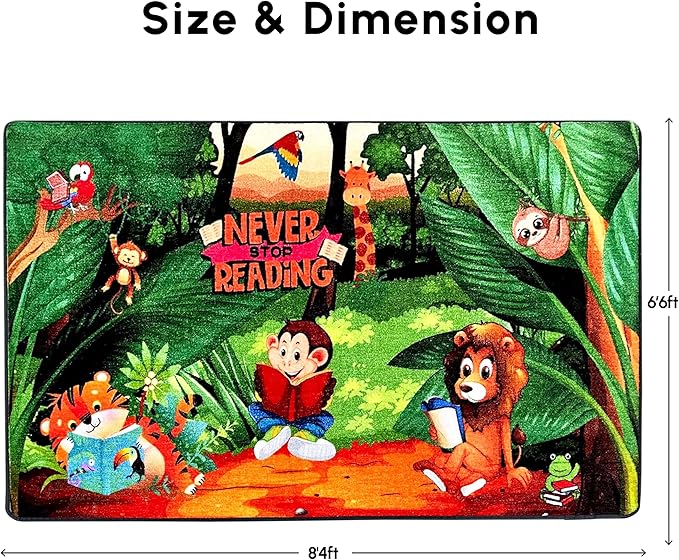 SAFECASTLE Kids Carpet Never Stop Reading Rug – 6'6" x 8'4" Educational Multicolored Nylon Area Rug with Books & Learning Design – Carpet for Kids, Toddlers, Classroom, Nursery, Playroom & Daycare