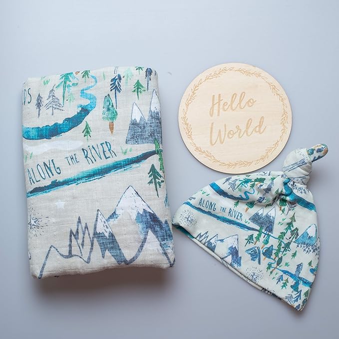 Miaoberry Mountain Baby Organic Muslin Swaddle Blankets for Baby Boy with Hat and Wooden Hello World Newborn Sign, Adventure Forest Theme, Newborn Photography Outfits Boy, Birth Announcement Sign