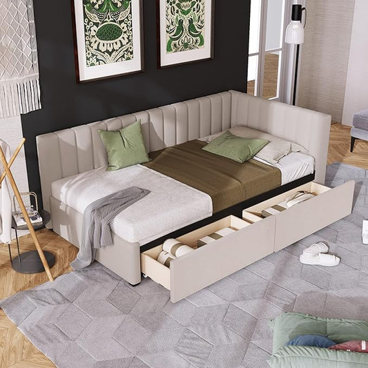 Harper & Bright Designs Upholstered Daybed with 2 Storage Drawers Twin Size Sofa Bed Frame No Box Spring Needed, Linen Fabric (Beige)