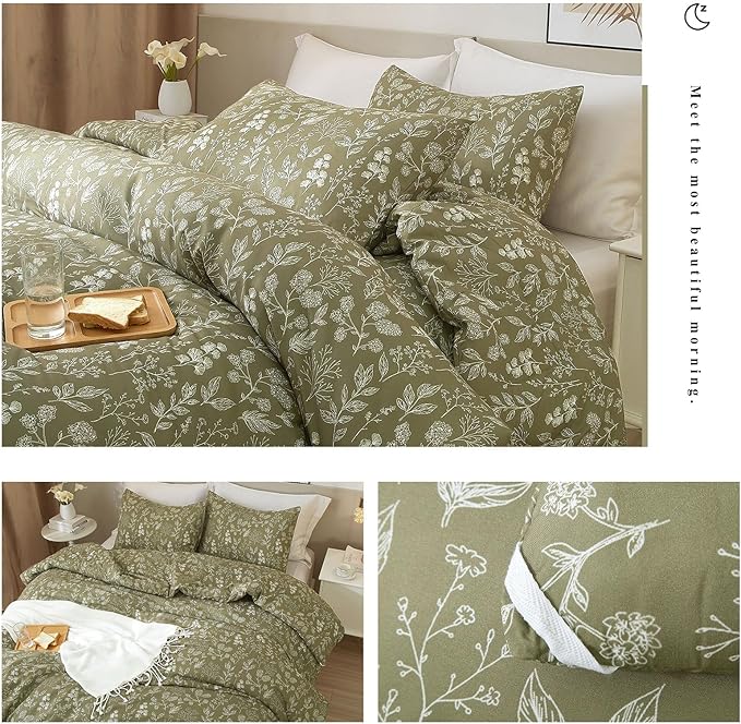 HighBuy Garden Floral Duvet Cover Twin XL Olive Green Botanical Cottagecore Bedding Comforter Cover for Twin XL Bed 3 Piece Cute Flower Bedding Set Easy Fit for Daughter Son Bedroom